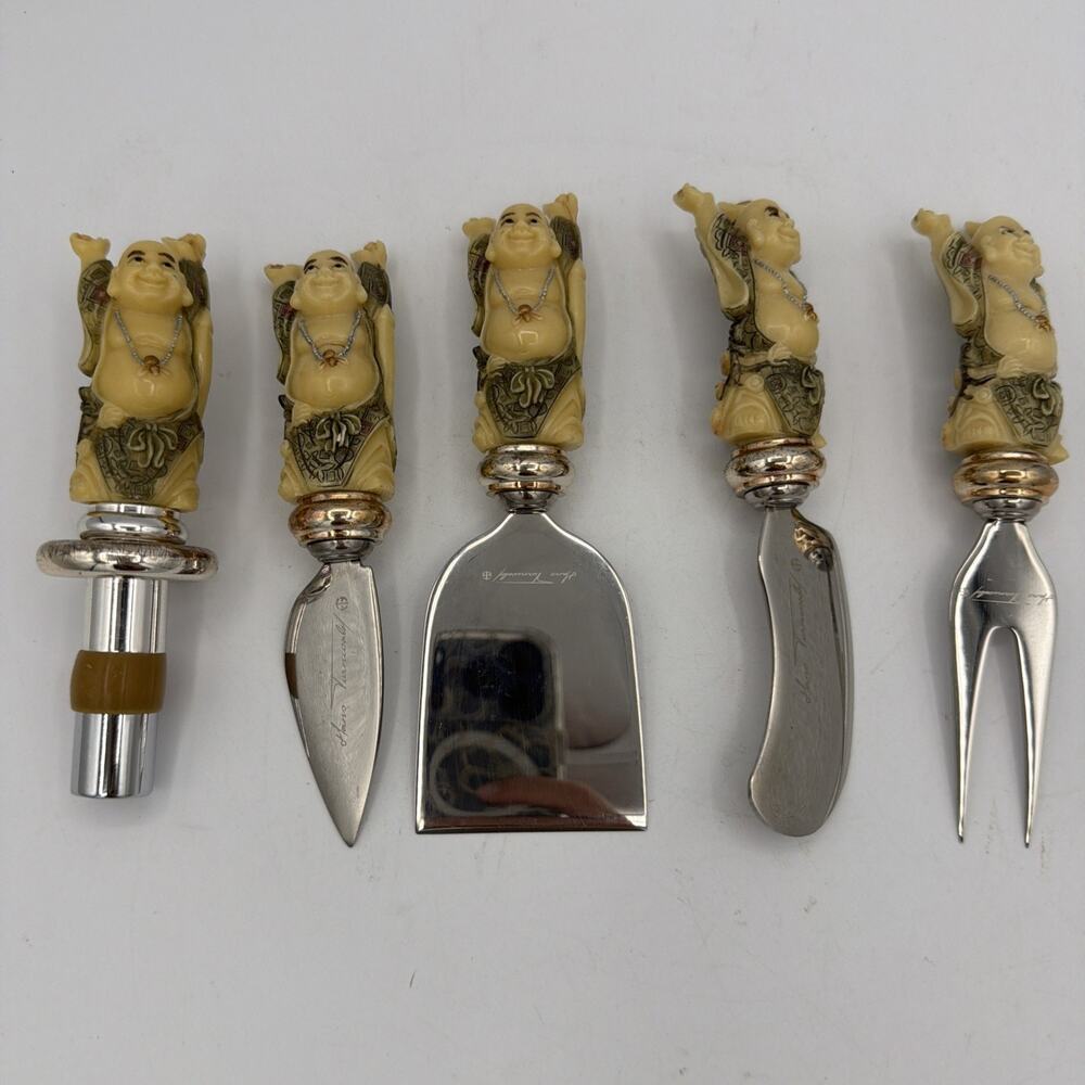 Hans Turnwald Bone Buddah Cheese Knife Wine Stopper Gift Set Vintage Germany